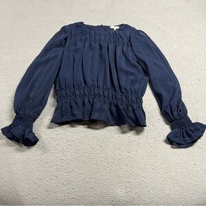 NSR Navy Blue Textured Ruffle Semi Sheer Long Sleeve Blouse Size Medium EUC
